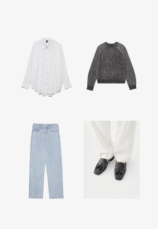 Gebreide trui in zwart en wit met een textuurontwerp, ronde hals en raglan mouwen. Voorzien van ribbewerkte manchetten en onderrand.; Witte blouse met lange mouwen, knopen, puntkraag en gebogen zoom, afgebeeld tegen een effen witte achtergrond.; Lichtblauwe, high-waisted denim jeans met een straight-leg snit, vijf zakken en zichtbare stiksels. Het materiaal heeft een klassieke wassing.; Zwarte leren loafers met kwastjes, voorzien van vierkante neuzen en decoratieve stiksels, gecombineerd met witte wijde broekspijpen.