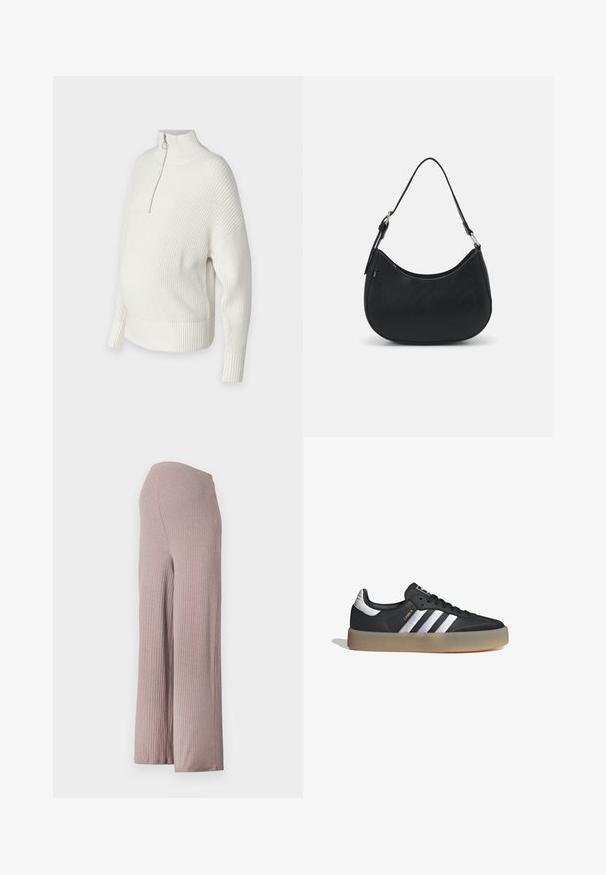 Suéter blanco de punto con un cuello alto, media cremallera y puños acanalados. Diseñado con un corte holgado y aberturas laterales para mayor comodidad.; Pantalones de pierna ancha de color rosa claro, acanalados, con una cinturilla sin costuras, que presentan un tejido suave y texturizado y una silueta relajada.; Zapatilla deportiva de cuero negro con tres rayas plateadas, punta texturizada y suela de goma. Cuenta con un collar acolchado y un diseño con cordones.; Bolso hobo negro hecho de cuero suave con una silueta curva, que cuenta con una sola correa ajustable y detalles de diseño minimalistas.