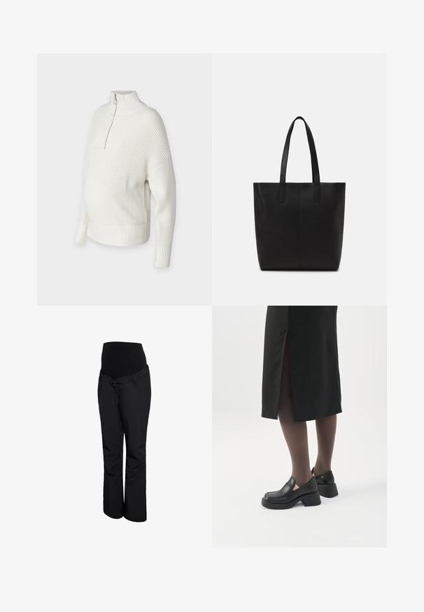 Suéter blanco de punto con un cuello alto, media cremallera y puños acanalados. Diseñado con un corte holgado y aberturas laterales para mayor comodidad.; Pantalones de maternidad negros con una pretina alta y elástica, diseño de pierna recta y textura suave. Sin patrones visibles ni detalles de herrajes.; Mujer con mocasines negros de tacón grueso, medias negras transparentes y una falda negra con una abertura trasera sobre un fondo blanco.; Bolso tote negro hecho de material texturizado, con dos asas largas y un diseño simple y minimalista sin herrajes visibles.