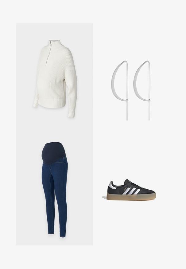 Suéter blanco de punto con un cuello alto, media cremallera y puños acanalados. Diseñado con un corte holgado y aberturas laterales para mayor comodidad.; Jeans de maternidad en denim azul oscuro, con una cinturilla elástica oscura y un diseño ajustado con bolsillos.; Zapatilla deportiva de cuero negro con tres rayas plateadas, punta texturizada y suela de goma. Cuenta con un collar acolchado y un diseño con cordones.; Pendientes de metal plateado con un diseño curvado minimalista, que presentan formas de lágrima abiertas y alargadas con un acabado mate.