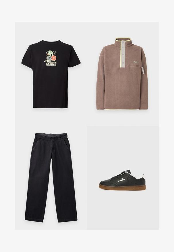 Brun fleecepullover med knappelukning, lynlåslomme på brystet og lysegul kant ved krave og kant.; Sort bomulds t-shirt med et farverigt grafisk print af en ananas og kirsebær, teksten lyder "Stance Community Run Club." Korte ærmer.; Sorte brede bukser lavet af kraftigt stof, med en flad talje, to sidelommer og en glat overflade.; Sort lædersneakers med hvid hælkappe, gummisål, sorte snørebånd og sølvfarvet Diadora-logo på siden og sålen.