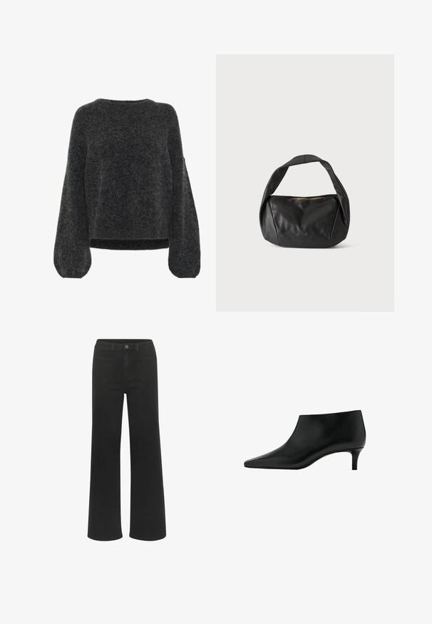 Gestuz ALPHA - Pullover - charcoal melange; Jean large noir en denim, avec fermeture à bouton, cinq poches, et une texture lisse d'une couleur uniforme.; Bottine en cuir noir avec bout pointu et petit talon kitten, conçue pour un port élégant et formel.; Sac à main en cuir noir avec une large bandoulière et une fermeture éclair sur le dessus, présenté sur un fond clair uni.