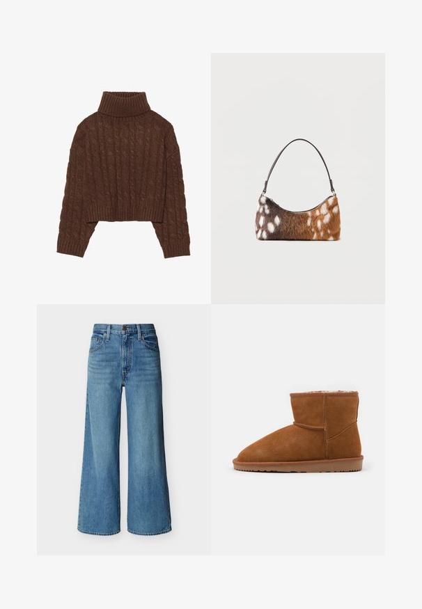 Ruskea palmikko-neule cropped villapaita, jossa on korkea kaulus ja pitkät hihat, sekä ribattu helma ja teksturoitu kuvio koko matkalla.; Sinisen väriset, korkeavyötäröiset, leveälahkeiset farkut, joissa on edessä nappi- ja vetoketjusuljenta, vyölenkit ja viiden taskun malli valkoisella taustalla.; Ruskea mokkanahkainen nilkkaboots, jossa on pyöreä kärki ja pehmeä vuori, varustettuna tasaisella kumipohjalla ja minimoiduilla ompeluyksityiskohdilla.; Olkalaukku, jossa on ruskeavalkoista täplikkäätä tekoturkkia ja ohut musta hihna, esitetty valkoisella taustalla.
