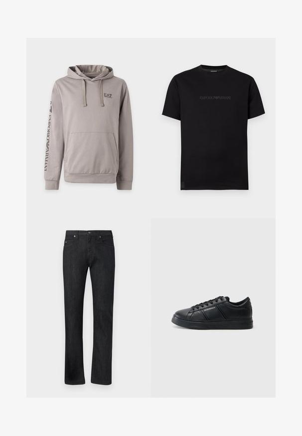 Hellgrauer Kapuzenpullover mit Fronttasche, Kordelzug und schwarzem EA7 Emporio Armani-Logo auf Brust und linkem Ärmel.; Schwarzes T-Shirt mit kurzen Ärmeln und Rundhalsausschnitt, mit einem dezenten, dunklen, erhabenen Emporio Armani-Logo quer über der Brust auf weißem Hintergrund.; Schwarze Jeans mit geradem Bein, fünf Taschen, Gürtelschlaufen, Knopfverschluss und dezentem Markenlogo auf der vorderen rechten Tasche.; Schwarze Leder-Sneaker mit glatter Oberfläche, abgerundeter Zehenpartie, Schnürung an der Vorderseite, gepolstertem Kragen und strukturierten Seitenelementen. Dezente Logodetails sichtbar.