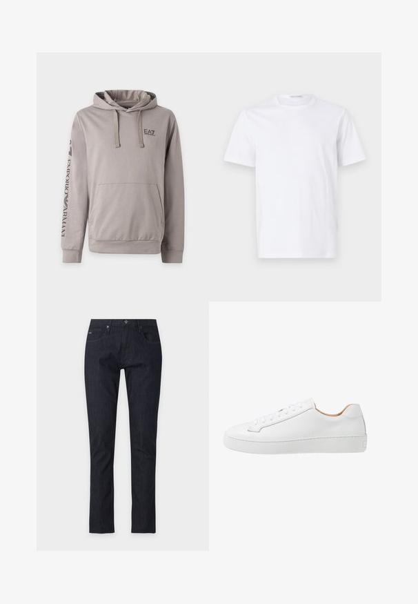 Svetlošedá mikina s kapucňou, predným vreckom, šnúrkami a čiernym logom EA7 Emporio Armani na hrudi a ľavom rukáve.; Biely bavlnený tričko s okrúhlym výstrihom a krátkymi rukávmi. Hladká textúra, rovný strih a minimalistický dizajn bez vzorov alebo akcentov.; Tmavomodré rifle s rovnými nohavicami s prednými vreckami a zapínaním na gombíky, zobrazené na bielom pozadí.; Biele kožené tenisky s hladkým povrchom, zaoblenou špičkou, plochým šnurovaním a hrubou gumovou podrážkou so štruktúrovaným vzorom pre lepšiu priľnavosť.