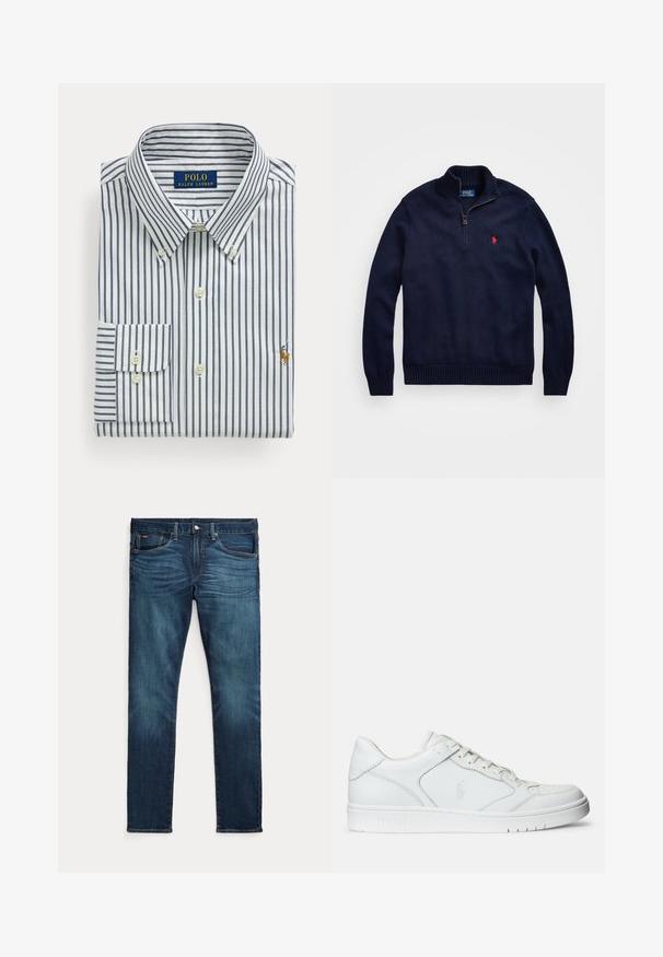 Tmavomodrý pletený polozipový sveter s rebrovaným golierom, manžetami a lemom, s malým červeným logom Polo Ralph Lauren na hrudi.; Zložená biela košeľa s námorníckymi zvislými pruhmi, golier s gombíkmi a vyšívané logo Polo Ralph Lauren na hrudi.; Tmavomodré slim-fit rifle s predným gombíkom a zipsom, piatimi vreckami a jemným blednutím na predných stehnách a kolenách.; Biele kožené tenisky s hladkým povrchom, obsahujúce perforovanú špičku, šnúrkové uzatvorenie a vyšívané logo na boku. Biela gumová podrážka.