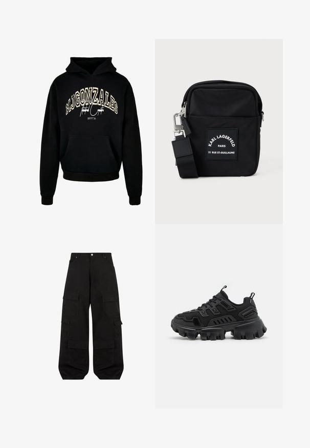 Schwarze Kapuzenjacke mit dem Aufdruck "MJGONZALES" in abgetragenem cremefarbenem Schriftzug und einer Fronttasche. Weicher Stoff mit gerippten Bündchen und Saum.; Schwarze Cargo-Hosen aus strapazierfähiger Baumwolle mit lockerer Passform. Verfügt über mehrere Utility-Taschen und ein gerades Bein Design.; Schwarzer Sportschuh mit strukturiertem Gummisohle, gestuften Designelementen und verstärkten Akzenten. Verfügt über Schnürsenkel und eine Schlaufe an der Ferse.; Schwarze Nylon-Crossbody-Tasche mit rechteckiger Form, ausgestattet mit einem vorderen Aufnäher, silberfarbenen Beschlägen und einem verstellbaren Schultergurt.