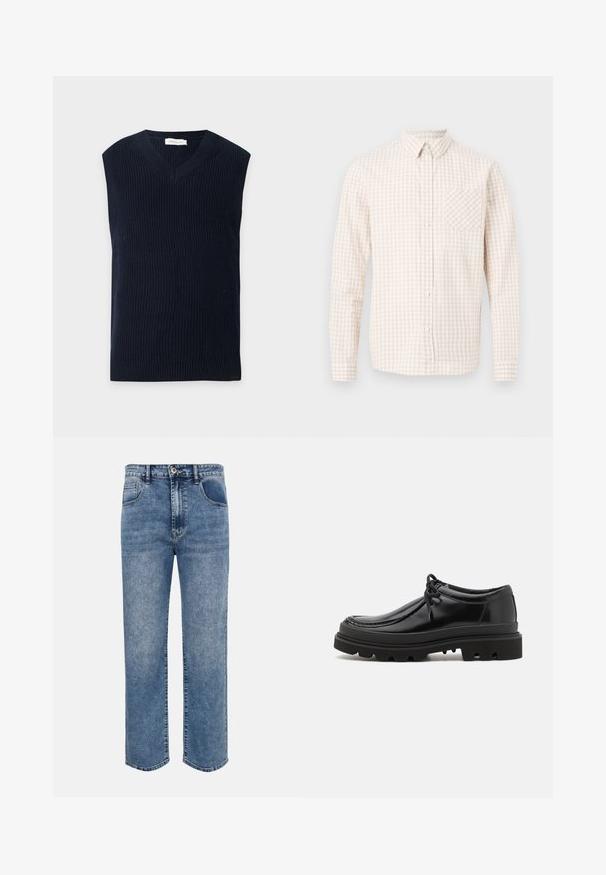Marineblauwe mouwloze gebreide sweatervest met V-hals en geribbelde zoom, weergegeven op een effen lichte achtergrond.; Heren blouse met lange mouwen en knopen, met een beige-wit geruit patroon, voorzien van een puntkraag en een borstzak.; Blauwe denim jeans met rechte pijpen, voorzakken, lussen voor een riem, knoopsluiting en een vervaagde wassing.; Zwarte leren derby schoenen met een strak ontwerp, ronde neus en een getextureerde rubberen zool met diepe groeven voor grip.