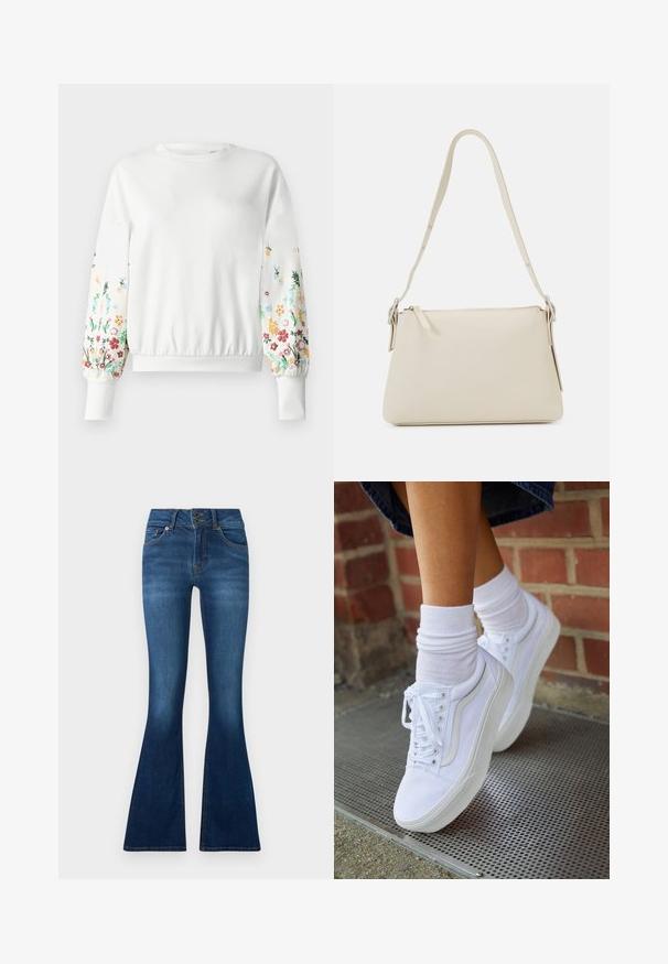 Witte sweatshirt met ronde halslijn en ribgebreide manchetten, voorzien van kleurrijke bloemembroidered langs de mouwen in verschillende tinten.; Uitgebreide jeans van donkerblauwe denim. Voorzien van een sluiting met twee knopen, vijf zakken en vervagingdetails op de benen. Standaard taillebandontwerp.; Witte canvas sneakers met rubberen zolen, voorzien van zes vetertjes, een ronde neus en lichte stikdetails, gecombineerd met witte enkelsokken.; Beige schoudertas van glad leer met een ritsluiting. Kenmerkt zich door een eenvoudig ontwerp, een slanke schouderband en metalen hardwareaccenten.