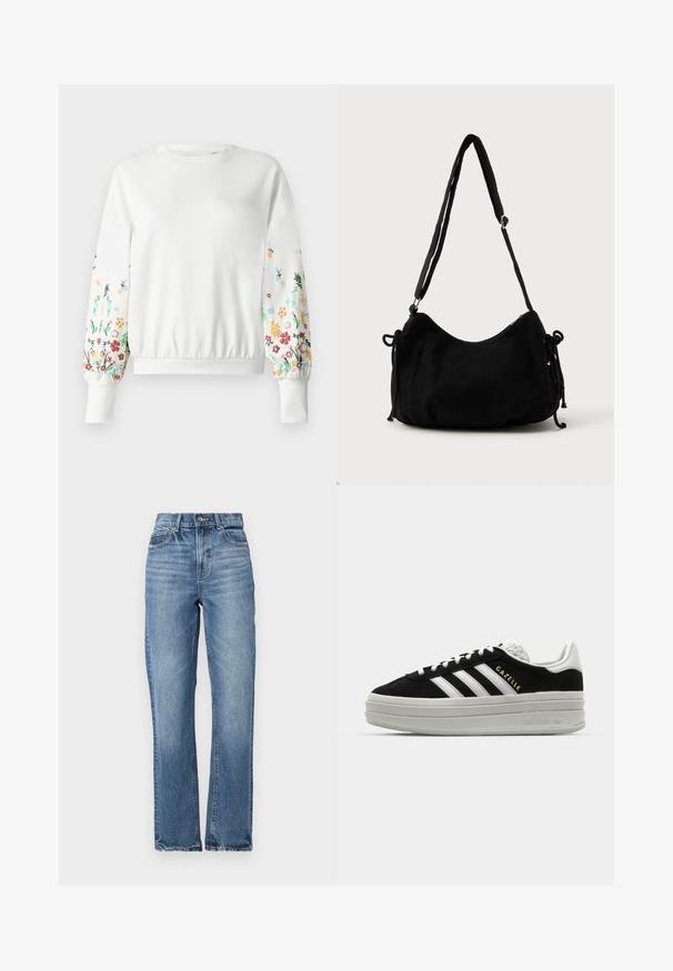 Witte sweatshirt met ronde halslijn en ribgebreide manchetten, voorzien van kleurrijke bloemembroidered langs de mouwen in verschillende tinten.; Lichtblauwe denim jeans met een hoge taille, recht gesneden pijpen, minimale vervaging en klassieke vijf-pocketstijl. Voorzien van een bronzen knoopsluiting.; Zwarte suède sneaker met witte leren accenten, drie witte strepen, platte veters en een dikke grijze platformzool. Gouden "Gazelle" branding.; Zwarte corduroy schoudertas met een gebogen vorm, een verstelbare schouderband en trekkoordsluitingen aan beide zijkanten voor maataanpassing.