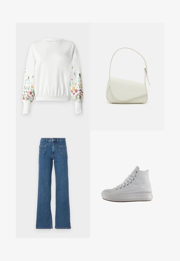 Sudadera blanca con cuello redondo y puños acanalados, que presenta un bordado floral colorido a lo largo de las mangas en varios tonos.; Jeans de denim azul de pierna ancha con cintura alta, cinco bolsillos, cierre frontal con botón y un acabado ligeramente desvanecido. Los dobladillos y costuras cosidos son visibles.; Zapatilla de lona blanca de caña alta con cordones blancos, ojales metálicos, suela gruesa de goma y puntera texturizada, mirando hacia la izquierda sobre un fondo blanco.; Bolso de mano de imitación cuero blanco con una forma triangular estructurada, correa ajustable única y cierre con solapa acentuada en curva.