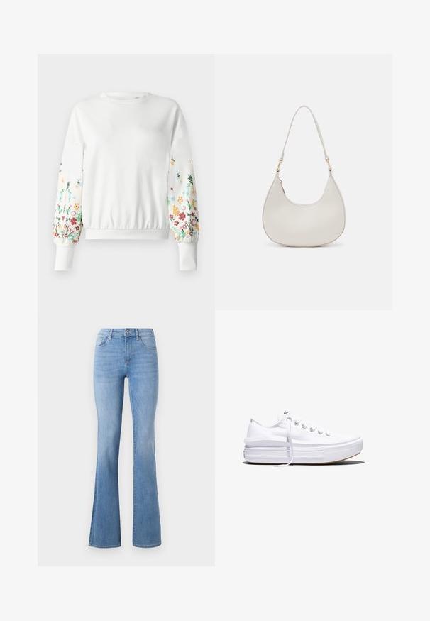 Sweatshirt blanc à col rond et poignets côtelés, orné de broderies florales colorées le long des manches dans diverses teintes.; Jeans évasés bleu clair avec une taille mi-haute, un design classique à cinq poches et une légère décoloration le long des jambes. Texture en denim.; Baskets basses blanches en toile avec semelle plateforme épaisse, lacets sur le devant et embout en caoutchouc texturé, vues de profil.; Sac épaule en cuir crème en forme de croissant, avec une fine sangle et des détails de coutures subtils. Design minimaliste avec des accents en métal doré.