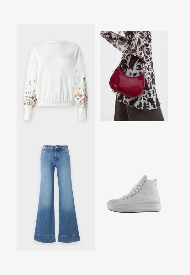 Witte sweatshirt met ronde halslijn en ribgebreide manchetten, voorzien van kleurrijke bloemembroidered langs de mouwen in verschillende tinten.; Lichtblauwe denim flared jeans met een hoge taille, wijd uitlopende benen en een lichte vervaging. Heeft een klassiek vijf-pocket ontwerp en een metalen knoopsluiting.; Witte hoge canvas sneaker met witte veters, metalen oogjes, dikke rubberen zool en gestructureerde neuskap, naar links gericht op een witte achtergrond.; Vrouw met een zwart-wit gebloemde blouse houdt een glanzende rode schoudertas vast tegen een effen achtergrond.