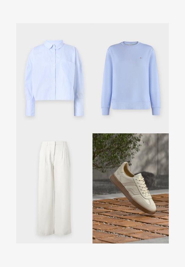Lichtblauwe lange mouwen trui met ronde hals, geribbelde manchetten en zoom en een klein geborduurd logo op de linkerborst.; Korte button-up shirt in lichtblauw met witte verticale strepen, het heeft een spread collar en een borstzak. Zachte stoffen textuur.; Lichtbeige broek met wijde pijpen gemaakt van een gestructureerde stof, met voorplooien en een hoog tailleontwerp. Gladde oppervlakte met minimale details.; Sneaker in roomkleur met een gestructureerde beige rubberen zool, vetersluiting en subtiele merkdetails aan de zijkant. Bovenwerk van glad leer.