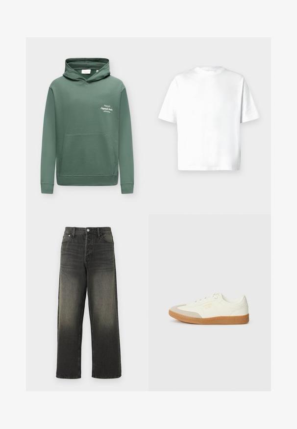 Grüner Kapuzenpullover mit Kängurutasche vorne und kleinem weißen Aufdruck auf der linken Brust.; Weißes Kurzarm-T-Shirt aus weicher Baumwolle, mit Rundhalsausschnitt und lockerem Sitz, ohne Muster oder Grafiken. Glatte Textur.; Schwarze Jeans aus Denim mit lockerer Passform, hoher Taille, silbernen Hardware-Details und einer verwaschenen Textur mit subtilen Falten. Gerade Beine ohne Verzierungen.; Sneaker aus weißem Leder mit einer beigen Zehenkappe und leichter brauner Gummisohle. Verfügt über flache weiße Schnürsenkel und geprägtes Branding an der Seite.