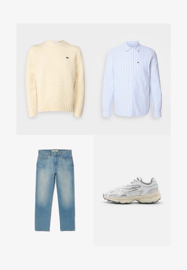 Cremfarbener Strickpullover mit strukturiertem Rautenmuster, gerippten Bündchen und Saum; beinhaltet ein kleines grünes Lacoste-Logo auf der Brust.; Helles blau-weiß gestreiftes Langarmhemd mit Button-Down-Kragen und einer Brusttasche, die ein kleines besticktes Logo zeigt. Baumwollstoff.; Helle blaue Denim-Jeans mit geradem Bein, fünf Taschen und einer leicht abgeriebenen Waschung. Merkmale sind silberne Hardware und ein Markenetikett am Bund.; Weiße Sportschuhe mit grauen Akzenten, Obermaterial aus Mesh und Synthetik, Schnürdesign und rutschfester Gummisohle mit Strukturmustern.