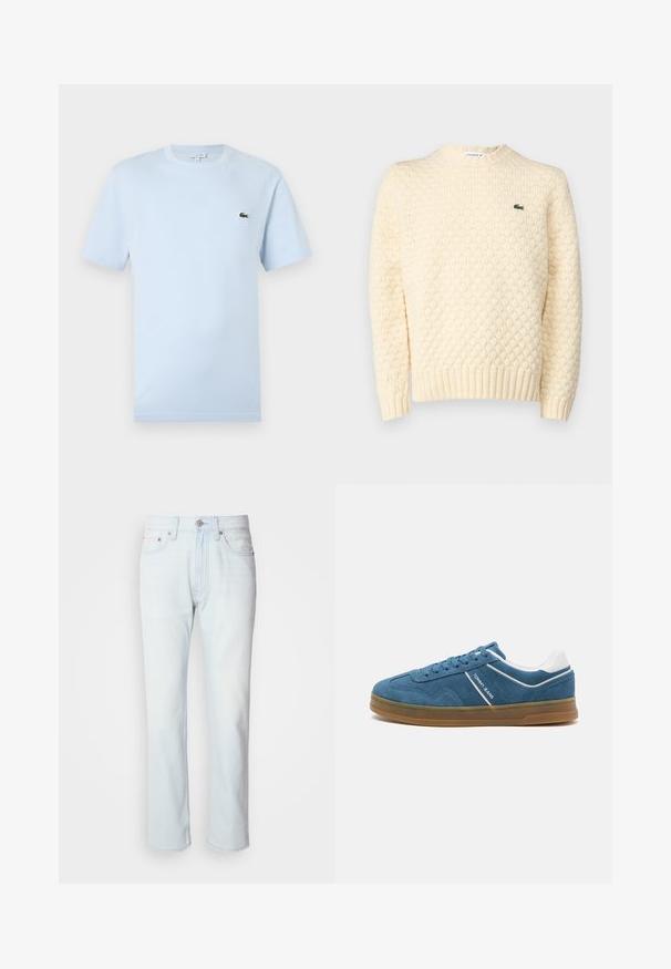 Suéter de punto color crema con un patrón de diamante texturizado, puños y dobladillo acanalados; incluye un pequeño logo verde de Lacoste en el pecho.; Camiseta de manga corta azul claro hecha de un suave material de algodón. Presenta un pequeño logo bordado de cocodrilo verde en el pecho.; Jeans de mezclilla azul claro con corte recto. Cuentan con un cierre de botón y pasadores para cinturón, mostrando una textura desgastada y costuras mínimas.; Zapatillas de ante azul con acentos en blanco, punta redonda, superficie texturada, diseño de cordones y suela de goma con borde elevado.