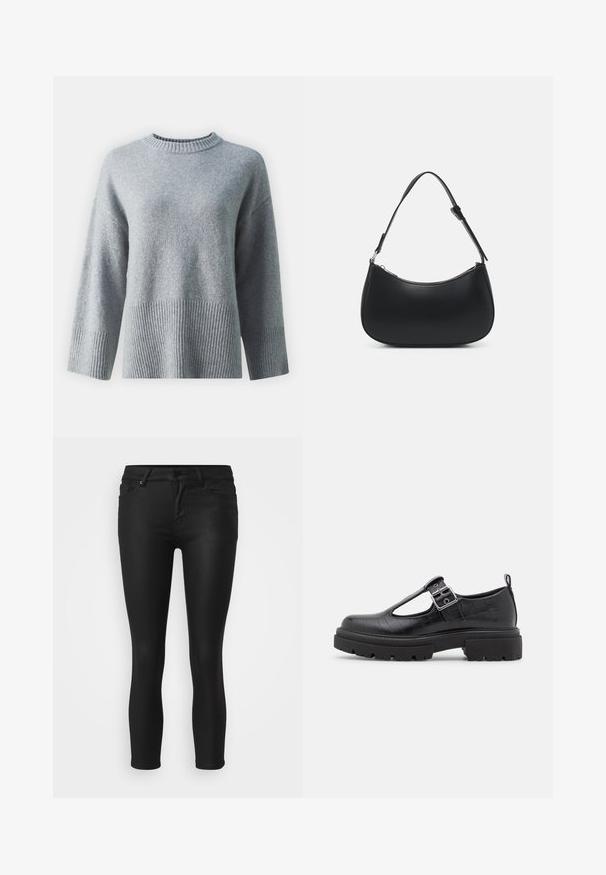 Grå sweater med rund hals, der har en tekstureret ribbede kant og manchetter, lavet af blødt stof med en glat overflade.; Sorte skinny jeans lavet af strækstof, med en mid-rise talje, fem-lomme design og en frontknaplukning.; Sort faux lædersko med krokodillestruktur, rund tå, ankelstrop med metalspænde og en kraftig gummisål.; Pieces PCALUANA SHOULDER BAG - Håndtasker - black