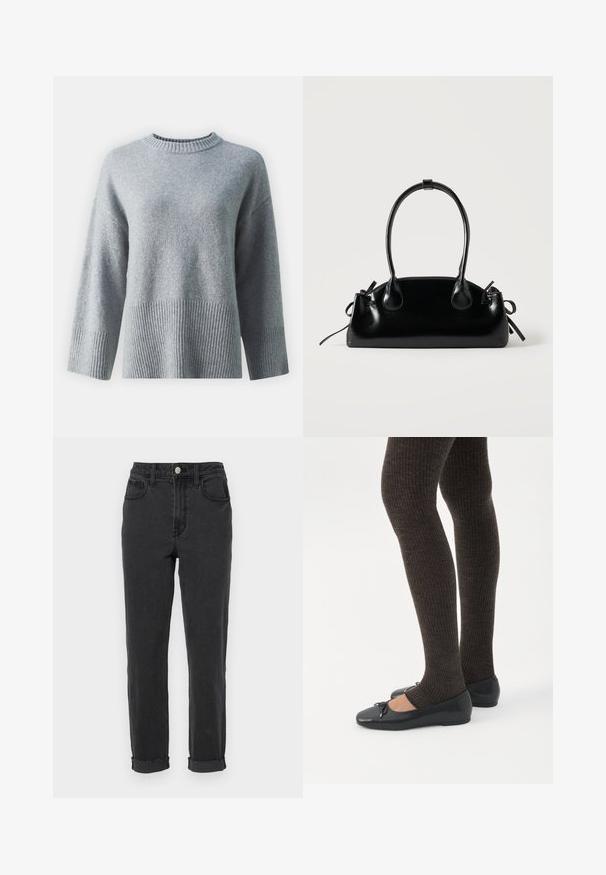 Grå sweater med rund hals, der har en tekstureret ribbede kant og manchetter, lavet af blødt stof med en glat overflade.; Sorte denimjeans med høj talje, fem lommer og opsmøgede nederste kant. Materialet er tykt med en glat tekstur og minimal falmen.; Ben iført mørke ribbede leggings kombineret med sorte balletsko med små sløjfedetaljer på hvid baggrund.; Lille sort blank håndtaske med to lange håndtag og snøre-detaljer i siden på en ensfarvet lys baggrund.