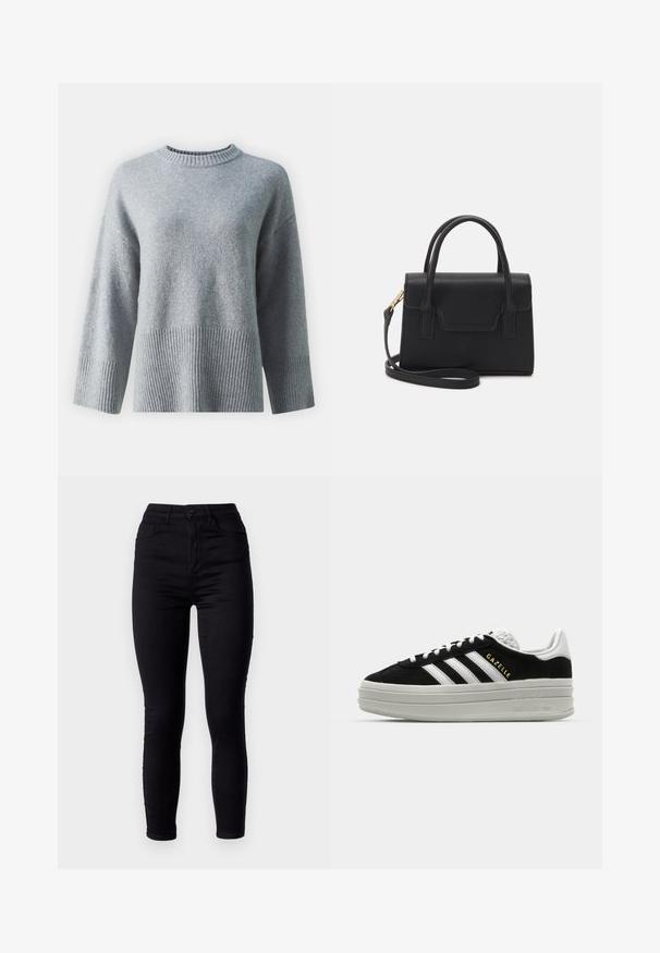 Grå sweater med rund hals, der har en tekstureret ribbede kant og manchetter, lavet af blødt stof med en glat overflade.; Sorte skinny jeans med høj talje, lavet af stræk denim. Har en lukning med knap foran og to baglommer. Glat tekstur.; Sort ruskind sneaker med hvide læderdetaljer, tre hvide striber, flade snørebånd og en tyk grå platformsål. Guldfarvet "Gazelle" branding.; Sort struktureret håndtaske lavet af læder med et topgreb, aftagelig skulderrem og detalje med frontklap. Guldhardware accenter.