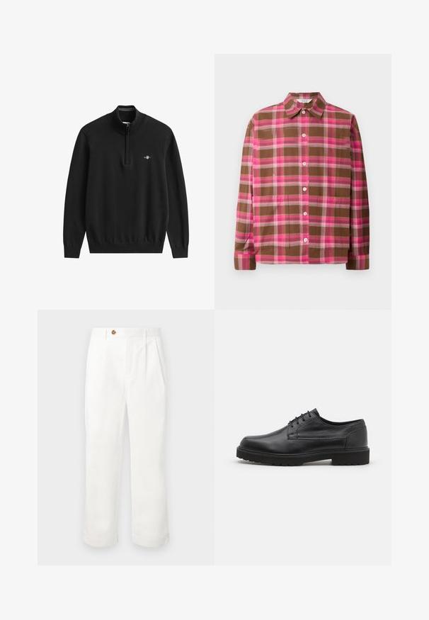 Must neljandiku lukuga pullover, valmistatud pehmest kudumkangast. Omab soonikkoes kraed, varrukaid ja allääre ning väikest logo rinnal.; Pruun ja roosa ruuduline nööpidega särk pikkade varrukatega, krae ja lahtise lõikega. Omab valgeid nööpe ja peeneid voldikesi ees.; Valged puuvillased püksid sirge lõikega, millel on kaks esist kumerust, üks nööbiga kinnitamine ja küljetaskud. Sile tekstuur.; Must tume nahkking, ümarate varvastega, sileda viimistluse ja minimaalse õmblusega. Varustatud nööbistimisega ja paksu, tekstuuriga kummitald.