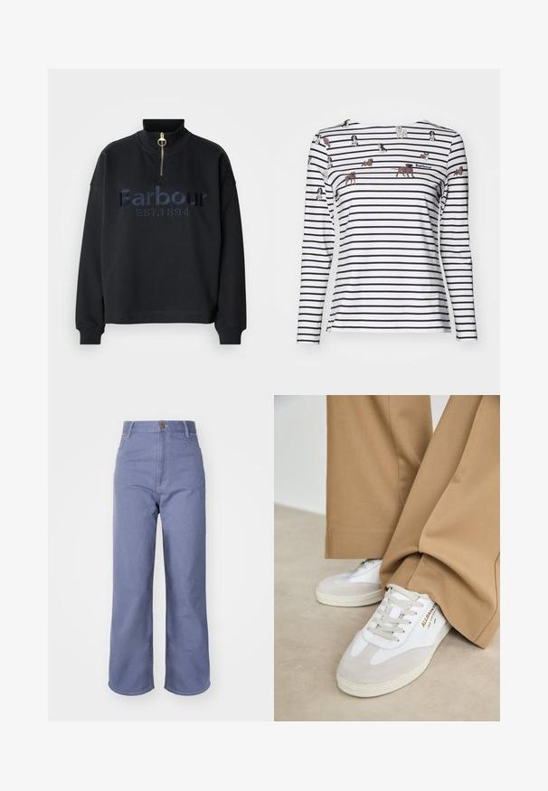 Zwarte trui met hoge kraag, ritssluiting en geborduurd "Barbour EST. 1894" in donkerblauw. Zachte stof, losse pasvorm, geribbelde manchetten.; Barbour BRADLEY PRINT - Longsleeve - multi-coloured; Lichtblauwe wijd-uitlopende jeans van denim, met een hoge taille, sluiting met voorknop en zichtbare stiksels op de zakken en naden.; Witte sneakers met suède accenten, gestructureerde veters en een rubberen zool. Gecombineerd met losse beige broek. Logo zichtbaar aan de zijkant.