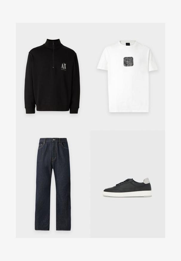 Schwarzer Reißverschluss-Hoodie aus Baumwollmischung. Verfügt über einen hohen Kragen, gerippte Bündchen und ein kleines weißes Logo auf der linken Brust.; Weißes T-Shirt mit kurzen Ärmeln, das ein kleines schwarzes Quadrat-Design mit weißen Punkten und dem Schriftzug "Armani Exchange" auf der Brust zeigt.; Dunkelblaue Denim-Jeans mit geradem Bein, ausgestattet mit fünf Taschen, dezenten Nähten und einem Knopfverschluss am Bund.; Schwarzer Low-Top-Sneaker mit weißer Sohle und grauem Fersenlaschen, Seitenansicht vor einem weißen Hintergrund.