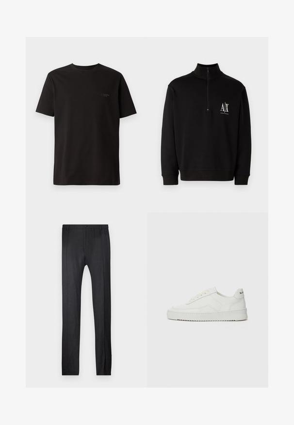 Sudadera negra con cremallera hecha de una mezcla de algodón. Presenta un cuello alto, puños acanalados y un pequeño logotipo blanco en el lado izquierdo del pecho.; Camiseta negra de manga corta hecha de algodón. Presenta un cuello redondo y un sutil logo en el área del pecho izquierdo. Textura suave.; Emporio Armani TROUSER - Pantalones - nero; Zapatilla de cuero blanca con un acabado suave, puntera redonda, cordones planos y suela texturizada. Cuenta con un sutil logo en el talón.