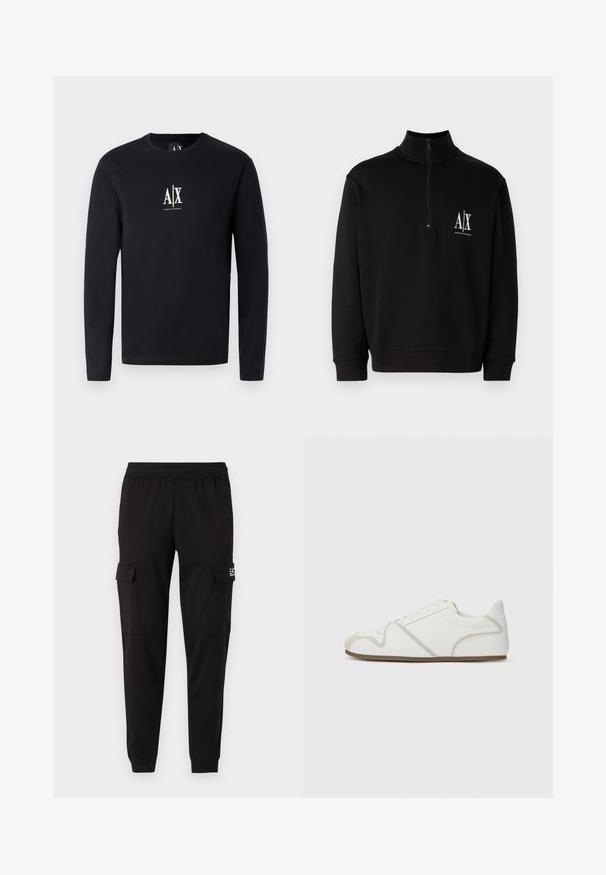 Sudadera negra con cremallera hecha de una mezcla de algodón. Presenta un cuello alto, puños acanalados y un pequeño logotipo blanco en el lado izquierdo del pecho.; Camiseta negra de manga larga de algodón, con un logo blanco de A|X en el pecho. Tiene un cuello redondo y un diseño de dobladillo recto.; Pantalones cargo negros con cintura elástica, dos bolsillos laterales y detalle del logo en el lado izquierdo. Textura suave, que se ajusta en los tobillos.; Zapatilla blanca con parte superior de tela suave, acentos beige, puntera redondeada y suela de goma. Presenta un diseño de cordones y costuras laterales.