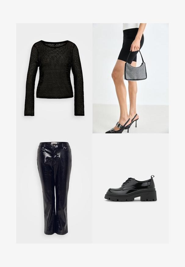 ONLY ONLPETRA - Jersey de punto - black; Pantalones de cuero sintético negro con textura de cocodrilo, que presentan un diseño de pierna recta y cierre frontal con botón.; Zapatos de charol negros con una suela de plataforma gruesa y cordones gruesos. Punta redondeada, detalles mínimos y una pequeña lengüeta en la parte trasera.; Bolso de cuentas negras con una silueta curva, asa de transporte y textura brillante. Llevado con zapatos de tacón altos negros y pantalones cortos negros ajustados.