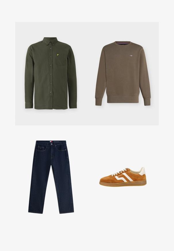 Brun sweatshirt med rund hals og lange ærmer, med ribstrikkede manchetter og kant, der har en lille broderet logo på venstre bryst.; Mørkegrøn langærmet skjorte med knaplukning, knap-down krave, brystlomme og lille gul broderet fuglelogo på lommen.; Mørkeblå jeans med lige ben, forlommer, knaplukning og lille logo på den højre møntlomme.; Brune ruskind sneakers med hvide læderdetaljer, med et lavt profil, rund tå og kontrasterende striber på siden. Snørebåndsdesign.