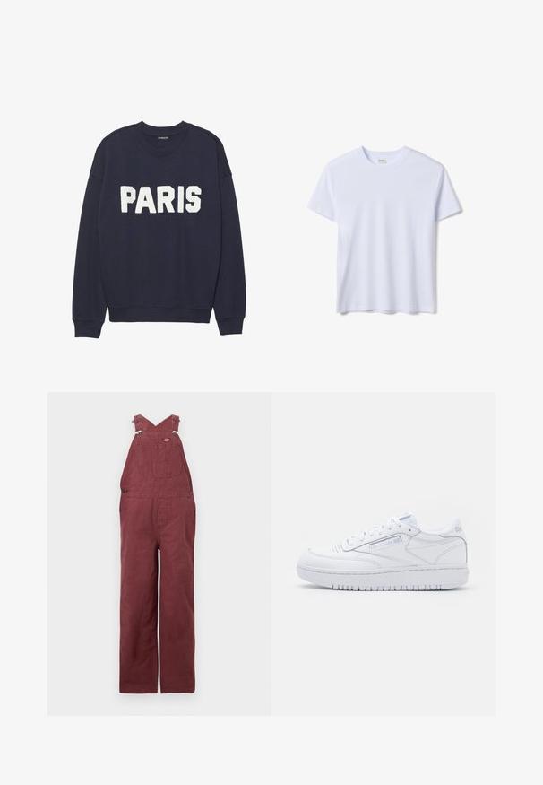 Marineblaue Sweatshirt mit gerippten Bündchen und Kragen, auf der Vorderseite mit weißen Fleecebuchstaben, die "PARIS" anzeigen.; Schlichtes weißes T-Shirt mit kurzen Ärmeln und Rundhalsausschnitt, versehen mit einem kleinen Etikett am Kragen, präsentiert vor weißem Hintergrund.; Burgunderfarbene Latzhose aus Baumwolle, mit Kreuzträgern, Fronttaschen und Akzenten aus Metallbeschlägen. Glatte Textur und lässige Passform.; Weiße Leder-Sneaker mit niedrigem Schnitt, der eine perforierte Zehenpartie, ein Schnürdesign, einen gepolsterten Schaft und eine dicke Gummisohle aufweist. Dezente Markenlogos an den Seiten.
