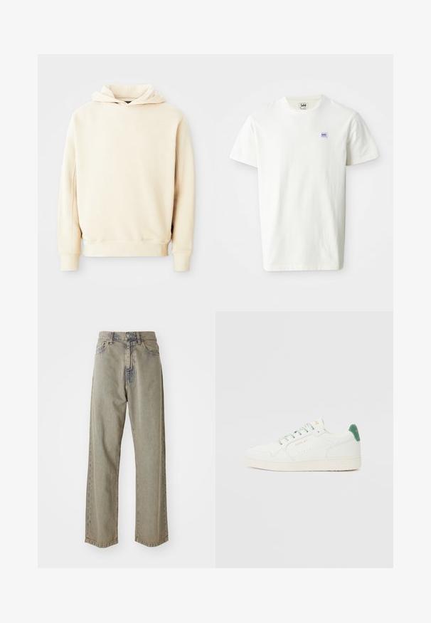 Sweat à capuche beige avec des manches longues et des poignets côtelés, présenté à plat sur un fond gris clair.; T-shirt en coton blanc avec un col rond et des manches courtes. Affiche un petit logo rectangulaire en bleu et violet de Lee sur la poitrine gauche.; Jeans larges gris clair en denim, présentant une texture décolorée, des coutures visibles et une fermeture à boutons et à zip traditionnelle.; Baskets en cuir blanc avec un accent vert clair sur le talon, bout rond, semelle plate et détails perforés. Lacets de couleur assortie.