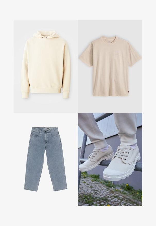 Beige pullover hoodie med lange ærmer og ribbede manchetter, vist fladt på en lys grå baggrund.; Beige T-shirt med korte ærmer og rund hals, med subtilt Levi’s-logo på brystet og lille rødt mærke på sidesømmen.; Lysblå denim brede bukser med knaplukning, fem lommer og lige ben. Blød tekstur, minimal falming og ren syning.; Beige lærredssko med strukturerede gummisåler, der har runde snørebånd, forstærket tå og en slank silhuet. Placeret på et metalgelænder.