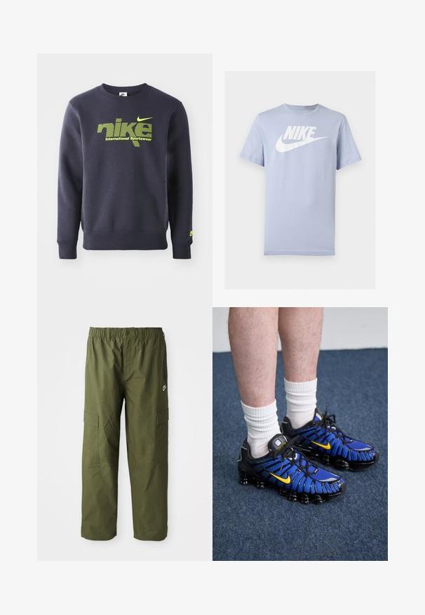 Námornícky modrý mikina vyrobená z bavlnenej zmesi, s neónovo zeleným logom a textom "nike international sportswear" na hrudi, s rebrovanými manžetami a lemom.; Svetlomodré krátke bavlnené tričko s bielym logom Nike a grafikou Swoosh na hrudi, zobrazené na jednoduchom pozadí.; Nike cargo nohavice v tmavej olivovej farbe, ktoré majú elastický pás, dve bočné vrecká a hladkú, ľahkú tkaninu.; Modré a čierne atletické topánky majú sieťovanú konštrukciu, žlté akcenty a segmentovanú podrážku. Nosené so bielymi členkovými ponožkami.