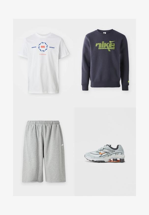 Mørkeblå sweatshirt lavet af bomuldsblanding, med neongrøn logo og teksten "nike international sportswear" på brystet, ribbede manchetter og kant.; Hvid kortærmet Nike T-shirt med blå swoosh cirkel og rød "NIKE" tekst, samt blå "ENGINEERED SPORTSWEAR" og lille rød slogan nedenfor.; Grå bomuldsshorts med elastik i taljen, med løs pasform og et lille hvidt logo nær kanten. Glat tekstur, længde over knæet.; Lyst grå løbesko med sorte detaljer, orange logo, mesh-overdel, polstret krave og gummisål med synlige stødabsorberende enheder.