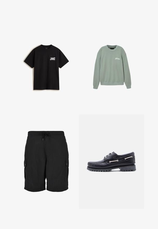 Sudadera de punto verde claro con cuello redondo, hecha de tela suave, con puños y dobladillo acanalados, y el logo "AllSaints" bordado en blanco en el pecho.; Vans CHAOS - Camiseta estampada - black; Pantalones cortos cargo negros con cintura elástica, cordón ajustable y bolsillos laterales con botón.; Zapato náutico de cuero negro con costuras, suela de goma antideslizante y ojales metálicos con cordones blancos. Logo destacado en el lateral.