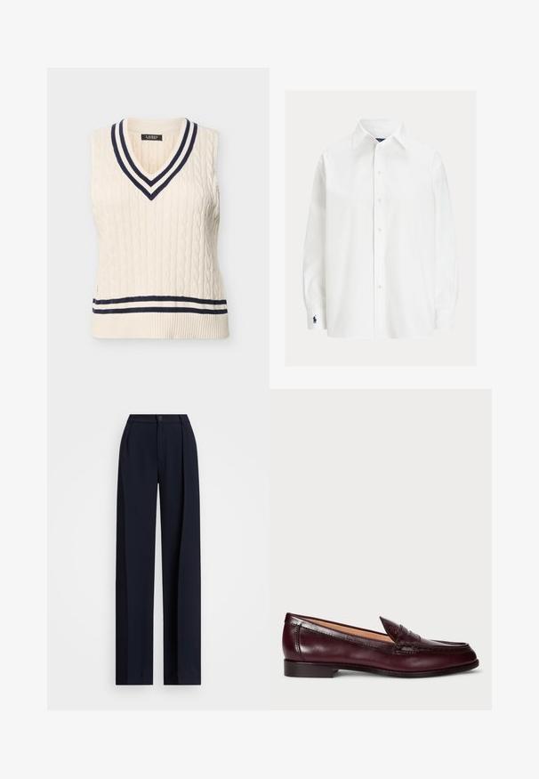 Chaleco de suéter sin mangas de punto con cable en color crema, con detalles a rayas en azul marino y crema en el cuello en V y el dobladillo.; Camisa blanca de manga larga con botones, cuello puntiagudo y logo bordado en azul marino en el puño izquierdo.; Pantalones de pierna ancha en color marino con pliegues, cierre de botón y una textura de tela suave. Diseñados para un ajuste suelto y cómodo.; Mocasines de cuero burdeos con un acabado suave, punta redondeada, costuras decorativas y un tacón bajo. El interior tiene un suave forro beige.
