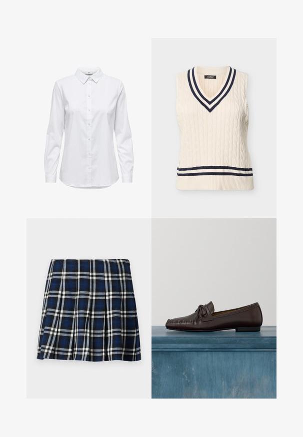 Pull sans manches en tricot torsadé couleur crème avec un col en V et des bordures rayées marine et crème.; Chemise blanche à manches longues, dotée d'un col structuré et d'un ourlet arrondi. Fabriquée à partir d'un tissu lisse et uni, sans motifs ni accents visibles.; Jupe mini à carreaux avec des couleurs marine, noire et blanche. Dotée de plis et d'une texture lisse. Fermeture éclair sur le côté.; Mocassins en cuir marron avec un bout arrondi, un détail de nœud et des surpiqûres décoratives le long du devant. Semelle plate en caoutchouc noir.