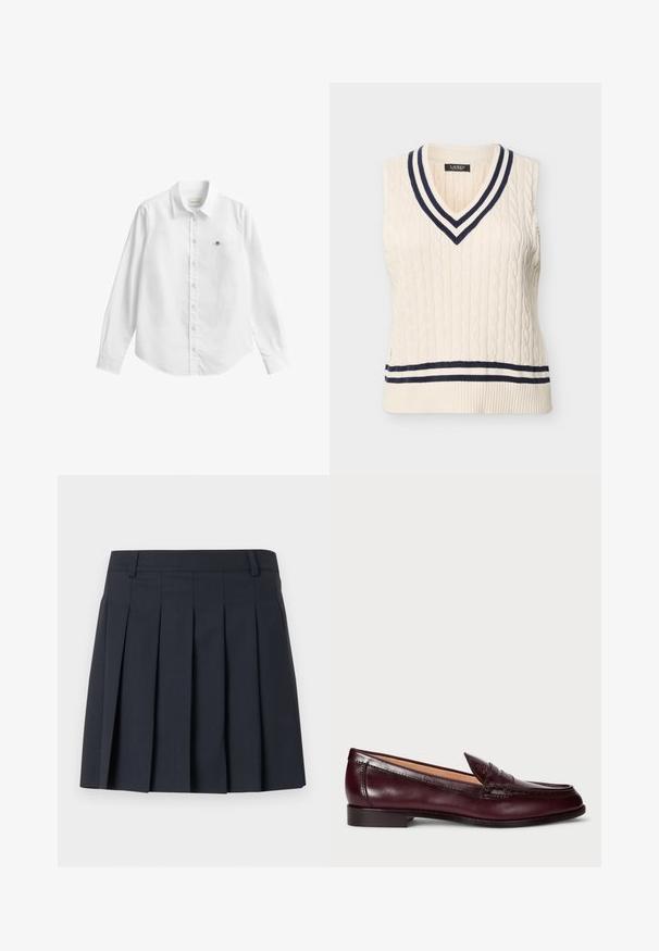 Pull sans manches en tricot torsadé couleur crème avec un col en V et des bordures rayées marine et crème.; Chemise blanche à manches longues avec boutons, fabriquée dans un tissu légèrement texturé. Dotée d'une poche avant avec un petit logo brodé et d'un col classique.; Jupe plissée bleu foncé avec une ceinture plate, fabriquée en tissu lisse. Elle présente plusieurs plis verticaux et une coupe ajustée.; Mocassins en cuir bordeaux avec une finition lisse, un bout arrondi, des coutures décoratives et un talon bas. L'intérieur est doté d'une douce doublure beige.