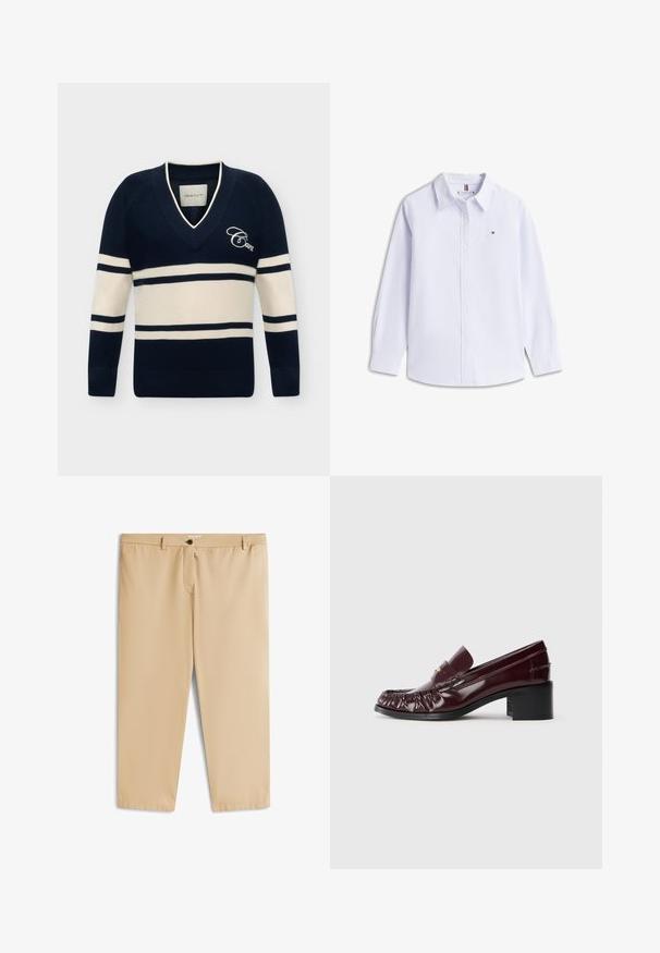 Pull rayé bleu marine et blanc à col en V, manches longues et "Gant" brodé sur la poitrine.; Chemise à manches longues à fines rayures verticales bleu clair et blanc, avec col et petit logo sur la poitrine gauche.; Pantalon beige mi-long jusqu'aux genoux, avec une taille plate, une fermeture à boutons et des passants pour ceinture. Tissu lisse et design simple sans motifs visibles.; Mocassin en cuir bordeaux avec un bout arrondi, texture plissée à l'avant et un petit talon carré noir. Accent doré sur le dessus.