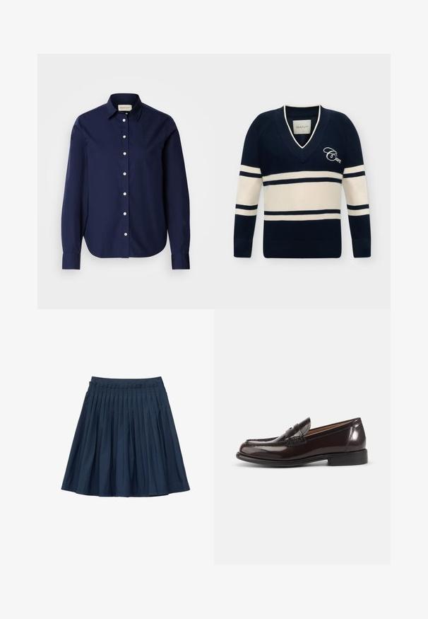 Marineblå og hvide stribet V-hals sweater med lange ærmer og "Gant" broderet på brystet.; Mørkeblå langærmet skjorte lavet af bomuld, med spids krave, hvide knapper og et diskret logo på brystet. Enkel tekstur.; Marineblå plisseret nederdel med elastisk talje, knælængde, lavet af letvægtsstof.; Mørkebrune polerede læder herre penny loafer med lav hæl og syningsdetaljer på hvid baggrund.