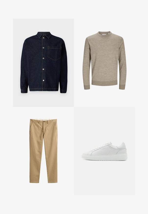 Pull beige à manches longues avec col rond, poignets et ourlet côtelés, présenté sur un fond blanc.; Veste en jean bleu foncé avec une fermeture à boutons à l'avant, un col pointu, une poche poitrine et des détails de couture orange contrastants.; Chinos beige à jambes droites avec passants de ceinture, bouton devant, fermeture éclair et poches latérales, présentés à plat sur fond blanc.; Baskets blanches en cuir avec une texture lisse, bout rond, design bas et branding subtil sur le côté. Collier rembourré et lacets.