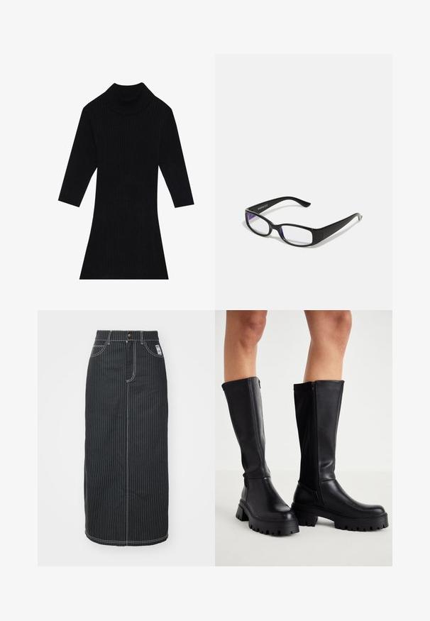 Zwarte geribbelde gebreide jurk met een hoge kraag en driekwartmouwen, met een aansluitende pasvorm die uitloopt bij de zoom.; Zwarte denim midi-rok met witte verticale strepen. Heeft een knoop taille, twee voorzakken en contrasterende stiksels. Rechte snit.; Zwarte kniehoge laarzen van glad synthetisch leer met een dikke zool, zijrits en een ronde neusontwerp.; Zwarte rechthoekige bril met heldere glazen. Glanzende afwerking, smalle veren en paarse tint zichtbaar aan de randen van de glazen.