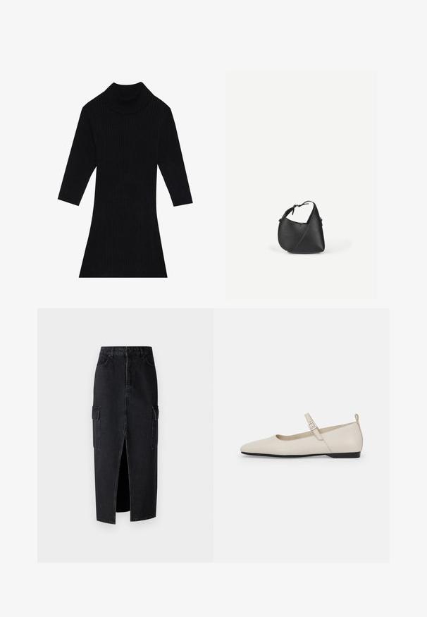 Sort ribbet strikkjole med høj krave og trekvartærmer, der har en tætsiddende silhuet, som flares ud ved kanten.; Sort denim maxiskørt med en frontslids, to sidelommer og en tætsiddende talje. Stoffet har en glat tekstur og en solid konstruktion.; Hvide ballerinasko i læder med spids tå, ankelsnor og lav sort hæl. Glat tekstur med minimale detaljer.; Sort skuldertaske i læder med en afrundet trekantet form og justerbar rem på en ensartet lys baggrund.