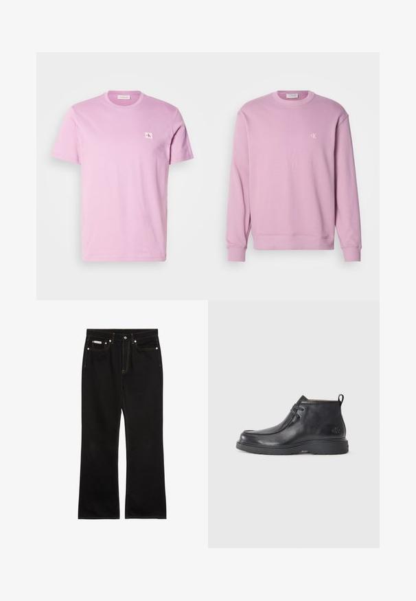 Sudadera de cuello redondo rosa con puños y dobladillo acanalados, que presenta un pequeño logo blanco en el pecho. Fabricada con suave tela de algodón.; Camiseta de algodón rosa con cuello redondo, mangas cortas y un pequeño parche blanco con el logo de Calvin Klein en el lado izquierdo del pecho.; Vaqueros negros de pierna recta con costuras naranjas, cinco bolsillos, cierre de botón y una pequeña etiqueta Calvin Klein en el bolsillo delantero derecho.; Botas de cuero negras hasta el tobillo con punta redondeada, diseño con cordones y una lengüeta en la parte trasera. Parte superior texturizada y suela de goma.