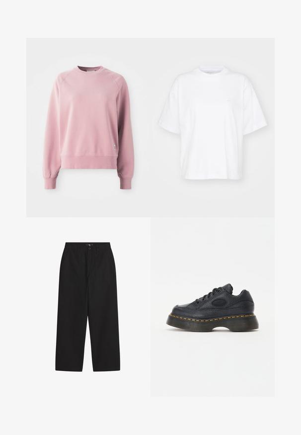 Lichtroze crewneck sweatshirt met raglanmouwen, geribbelde manchetten en zoom, gemaakt van een zachte stof. Bevat een klein logolabel aan de zijkant.; Witte katoenen t-shirt met een ronde hals, korte mouwen en een ontspannen pasvorm. Heeft een subtiel logo op het linkerborstgedeelte. Zachte textuur.; Zwarte wijde broek van katoen. Heeft een knoopsluiting, twee voorzakken en een gladde textuur. Eenvoudig ontwerp zonder patronen.; Zwarte leren sneaker met een gestructureerde afwerking, ronde neus en een dikke platformzool. Bevat gele accentstiksels en een merklogo aan de zijkant.