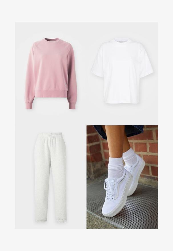 Lichtroze crewneck sweatshirt met raglanmouwen, geribbelde manchetten en zoom, gemaakt van een zachte stof. Bevat een klein logolabel aan de zijkant.; Witte katoenen t-shirt met een ronde hals, korte mouwen en een ontspannen pasvorm. Heeft een subtiel logo op het linkerborstgedeelte. Zachte textuur.; Lichtgrijze sweatpants met een elastische tailleband, taps toelopende pijpen en ribgebreide manchetten. Gemaakt van een zachte, gestructureerde stof. Witte logodetail aan de zijkant.; Witte canvas sneakers met rubberen zolen, voorzien van zes vetertjes, een ronde neus en lichte stikdetails, gecombineerd met witte enkelsokken.