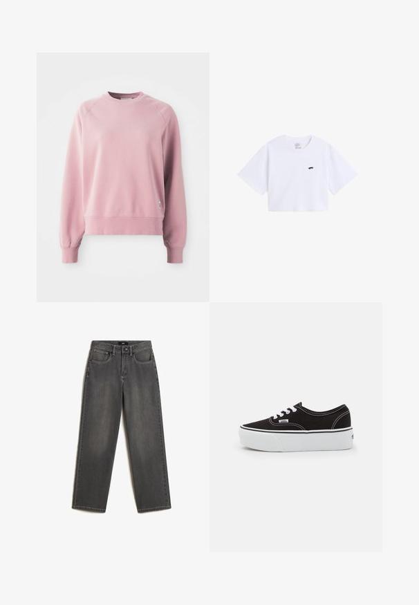 Lichtroze crewneck sweatshirt met raglanmouwen, geribbelde manchetten en zoom, gemaakt van een zachte stof. Bevat een klein logolabel aan de zijkant.; Witte cropped T-shirt van katoen, met korte mouwen en een klein zwart skateboardlogo op de linkerborst.; Grijze wijde jeans van denim. Heeft vijf zakken, een sluiting met een knoop en ritssluiting aan de voorkant, en subtiele vervaging op de stof.; Zwarte canvas sneaker met een witte rubberen platformzool, voorzien van witte veters en stiksels, iconische branding op de zijkant, low-top ontwerp.