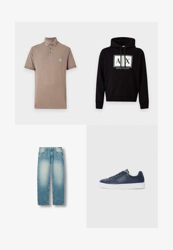 Sudadera con capucha negra con logotipo blanco en el frente que presenta "A | X" y el texto "Armani Exchange", capucha con cordón, mangas largas y puños y bajo acanalados.; Polo marrón hecho de algodón suave. Cuenta con un cuello, una tapeta de tres botones y un pequeño logo blanco en el lado izquierdo del pecho. Mangas cortas.; Vaqueros vaqueros en azul claro de pierna recta con áreas desvanecidas en los muslos, bolsillos frontales, trabillas para cinturón y cierre de botón.; Zapatillas de cuero azul marino con suela de goma blanca, punta redonda y cordones a juego. Presenta un sutil detalle del logo en el lado exterior.